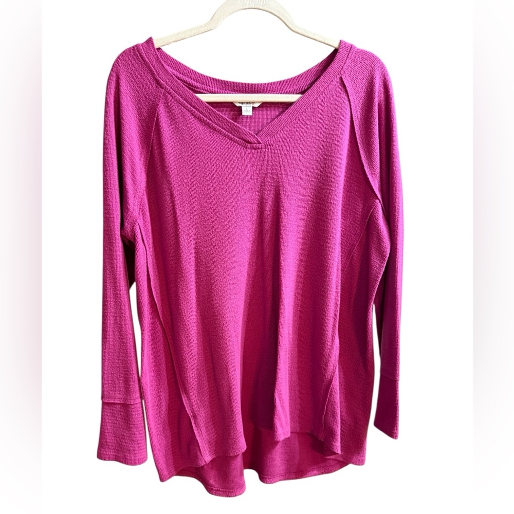 Wildfox Magenta Pink Waffle‎ Knit V-Neck Long Sleeve Top Cozy Casual Sz L